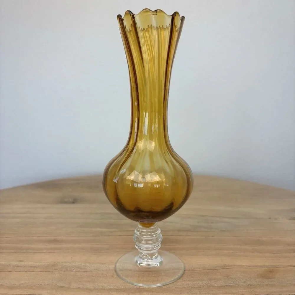 Vintage Art Glass Bud Vase Yellow Amber Clear Stem Hand Blown Scalloped Edge - Picture 2 of 9